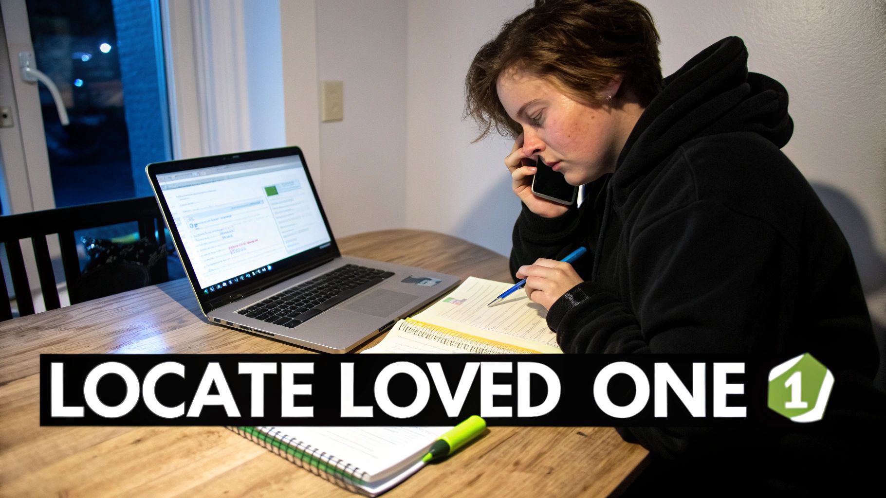 A young person in a black hoodie talking on a phone, writing in a notebook, with a laptop on a wooden table.