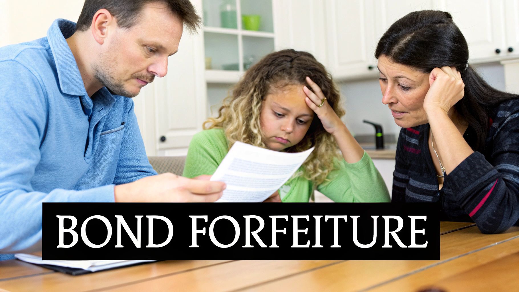 A worried family, a man, woman, and child, review documents at a table with 'BOND FORFEITURE' text.