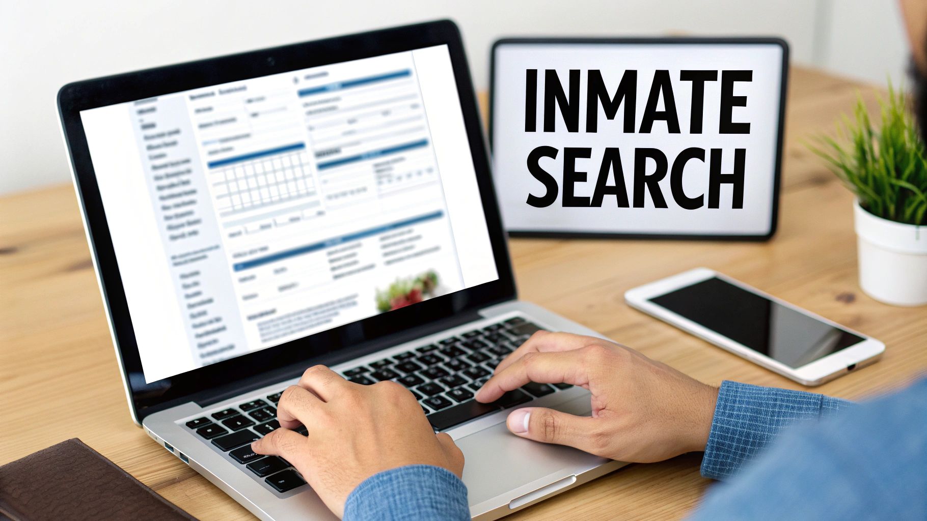Person using a laptop to perform an inmate search, with a tablet displaying 'Inmate Search'.