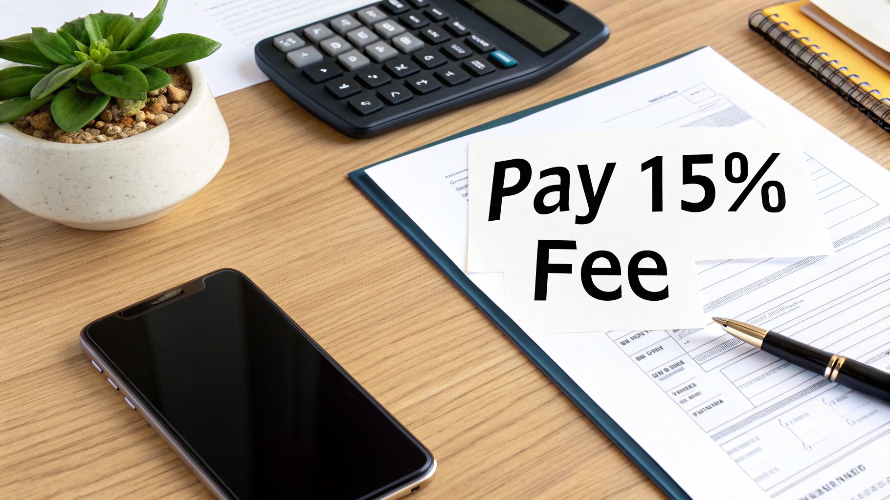 A desk with a calculator, a plant, a smartphone, and a note saying 'Pay 15% Fee'.