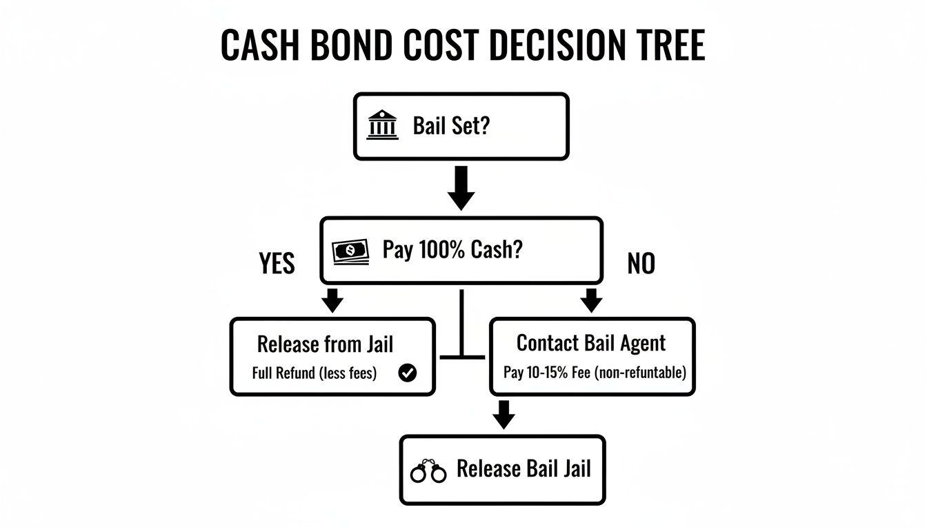 A flowchart explaining the cash bond cost decision tree, detailing options for paying 100% cash or contacting a bail agent.