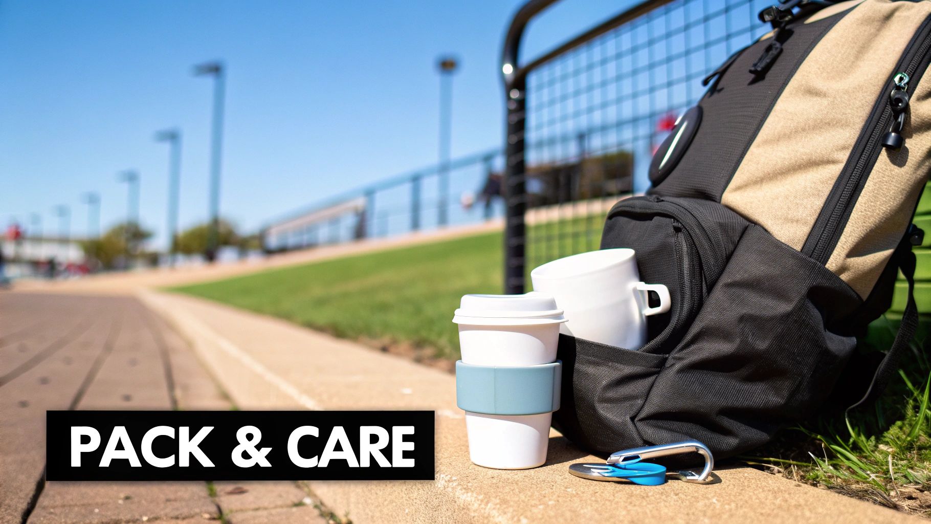 Close-up of a backpack holding white travel mugs and a carabiner, next to an outdoor path.