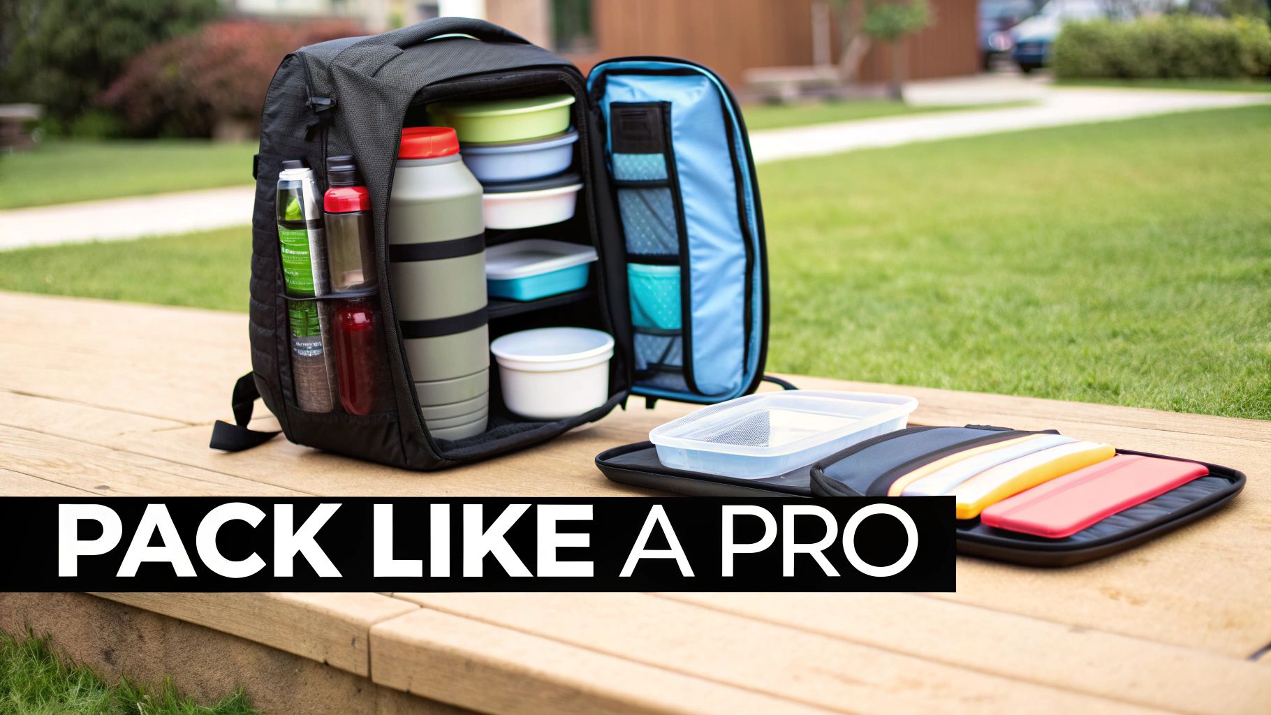 A black backpack open, revealing various colorful food containers, a large thermos, and bottles, on a wooden surface.