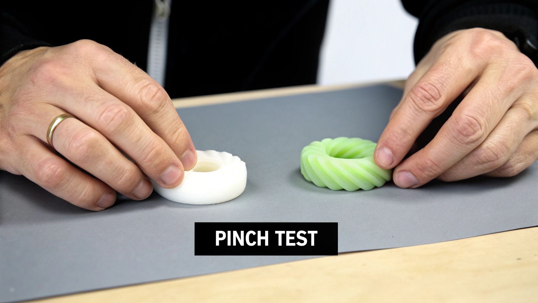 Two hands conducting a pinch test on two ring-shaped objects, one white, one green.