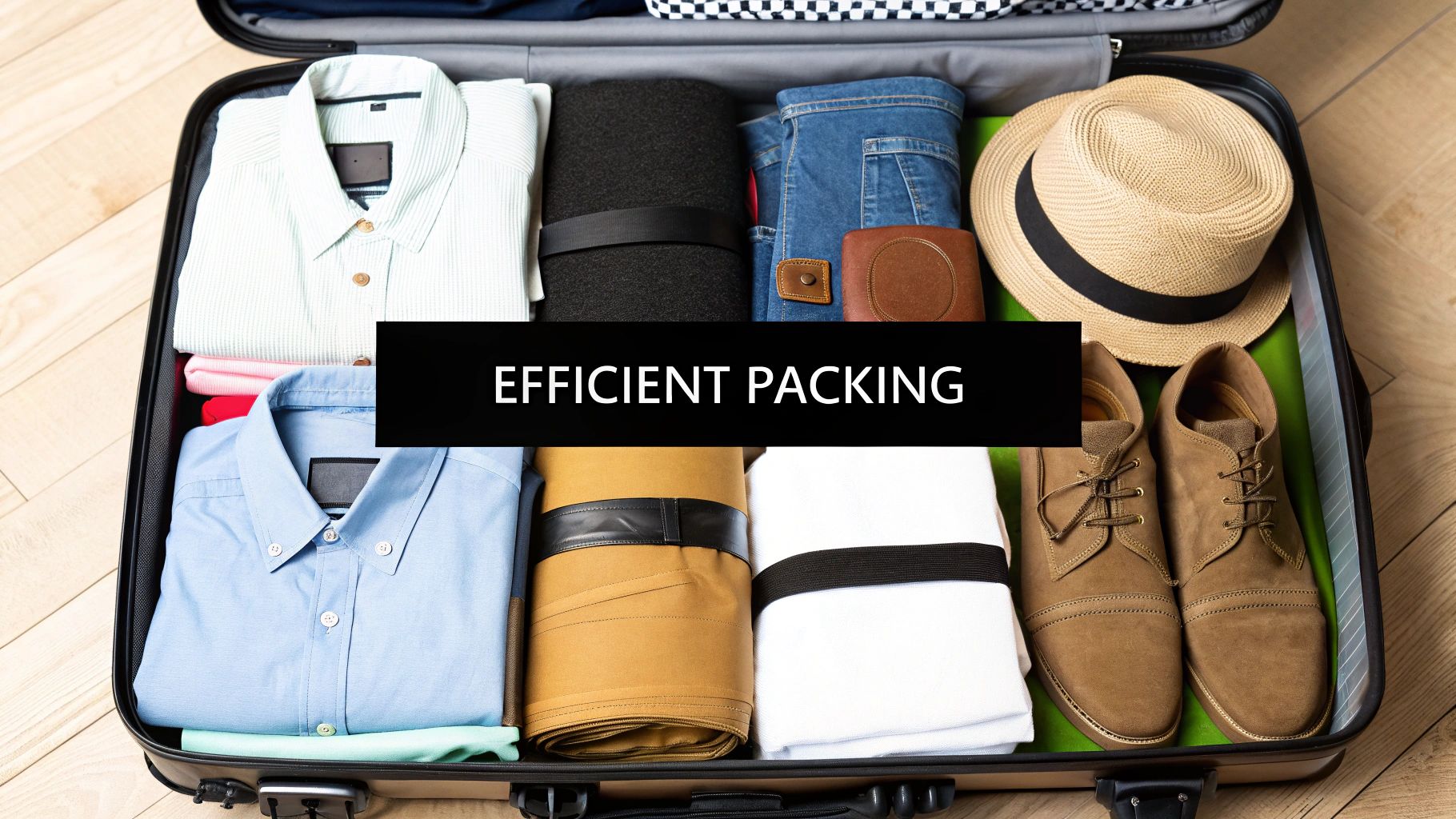 A suitcase being packed using the rolling method for clothes.