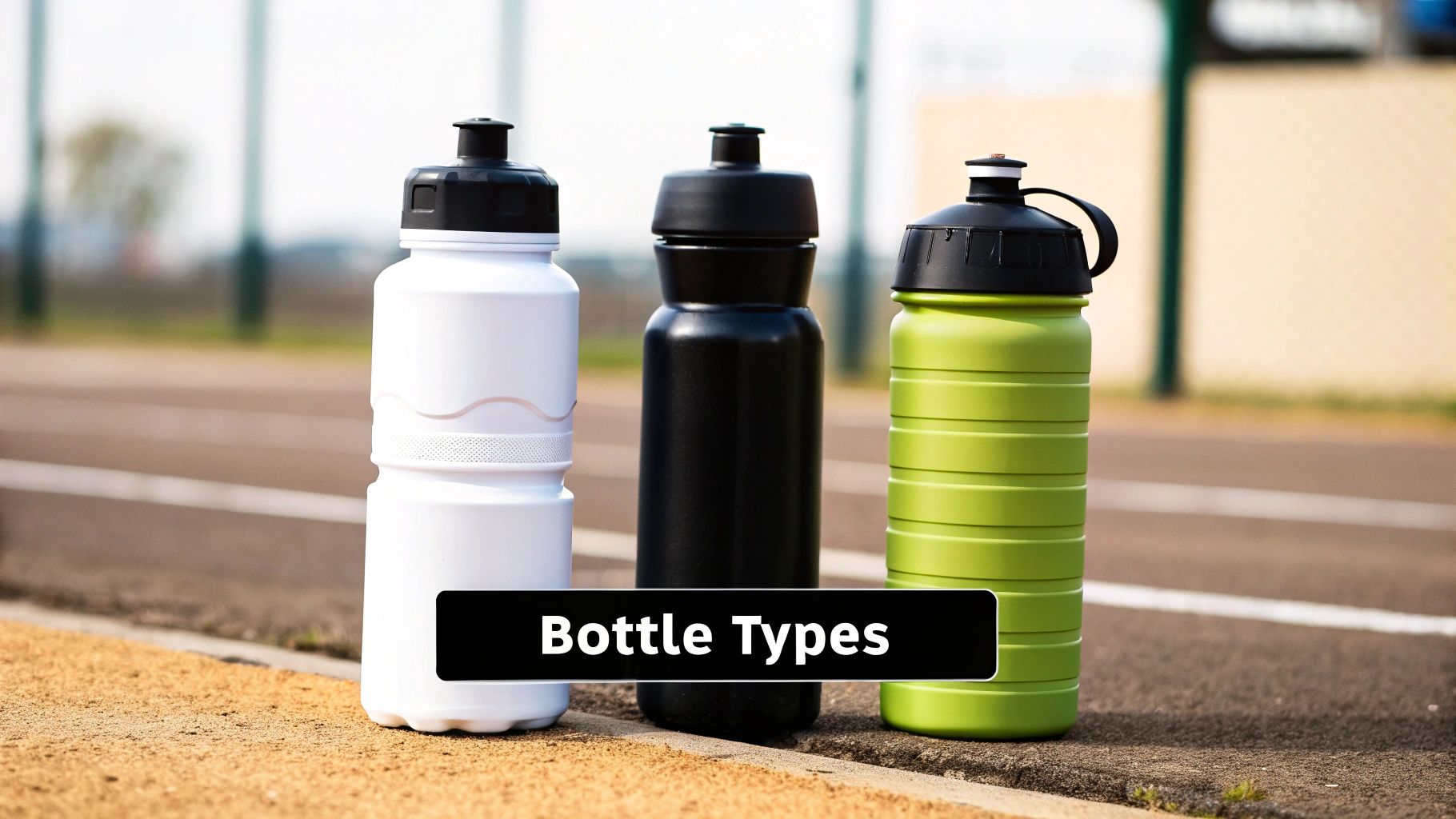 Three different types of sports water bottles (white, black, green) displayed outdoors on an asphalt surface.