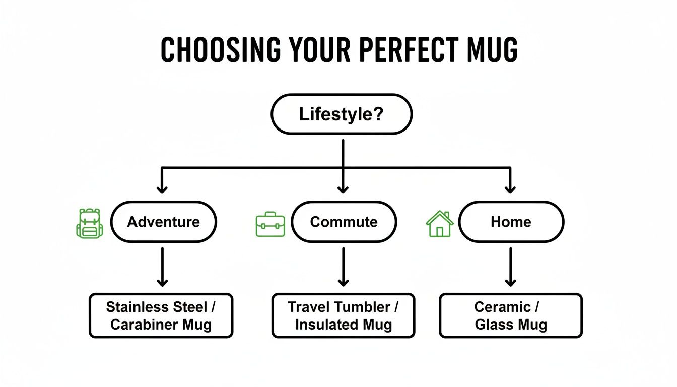 A flowchart showing how to choose a perfect mug based on lifestyle: adventure, commute, or home.