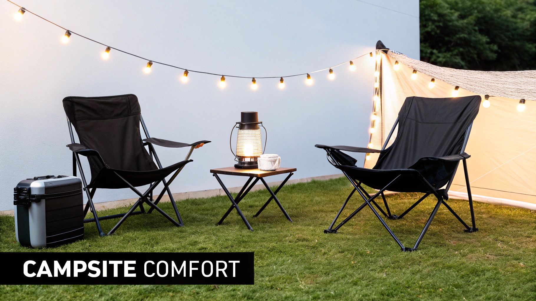 A comfortable outdoor campsite setup with two black folding chairs, a table, lantern, and string lights.