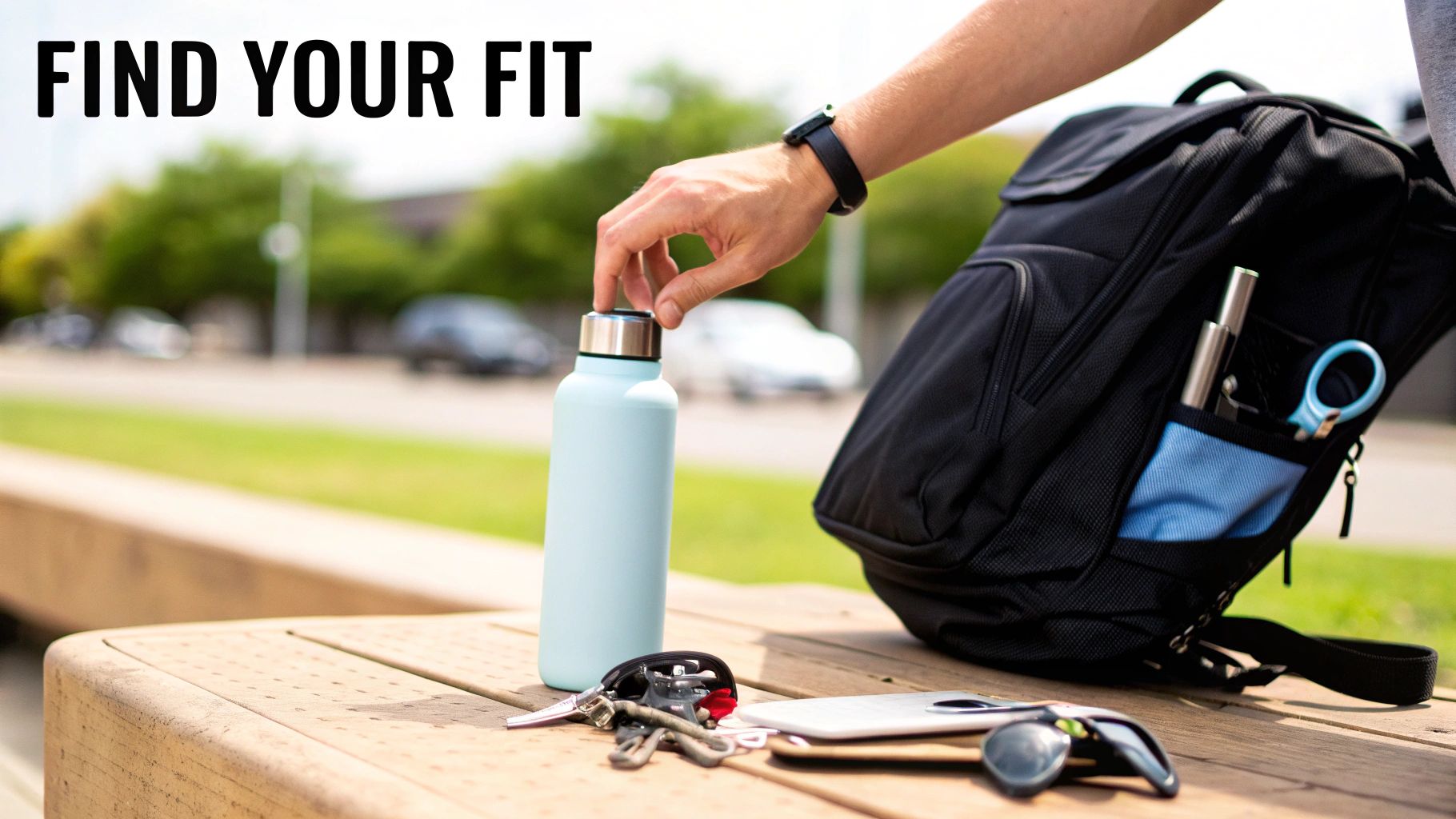 Person reaching for a light blue hydration bottle on a wooden bench with backpack and keys.