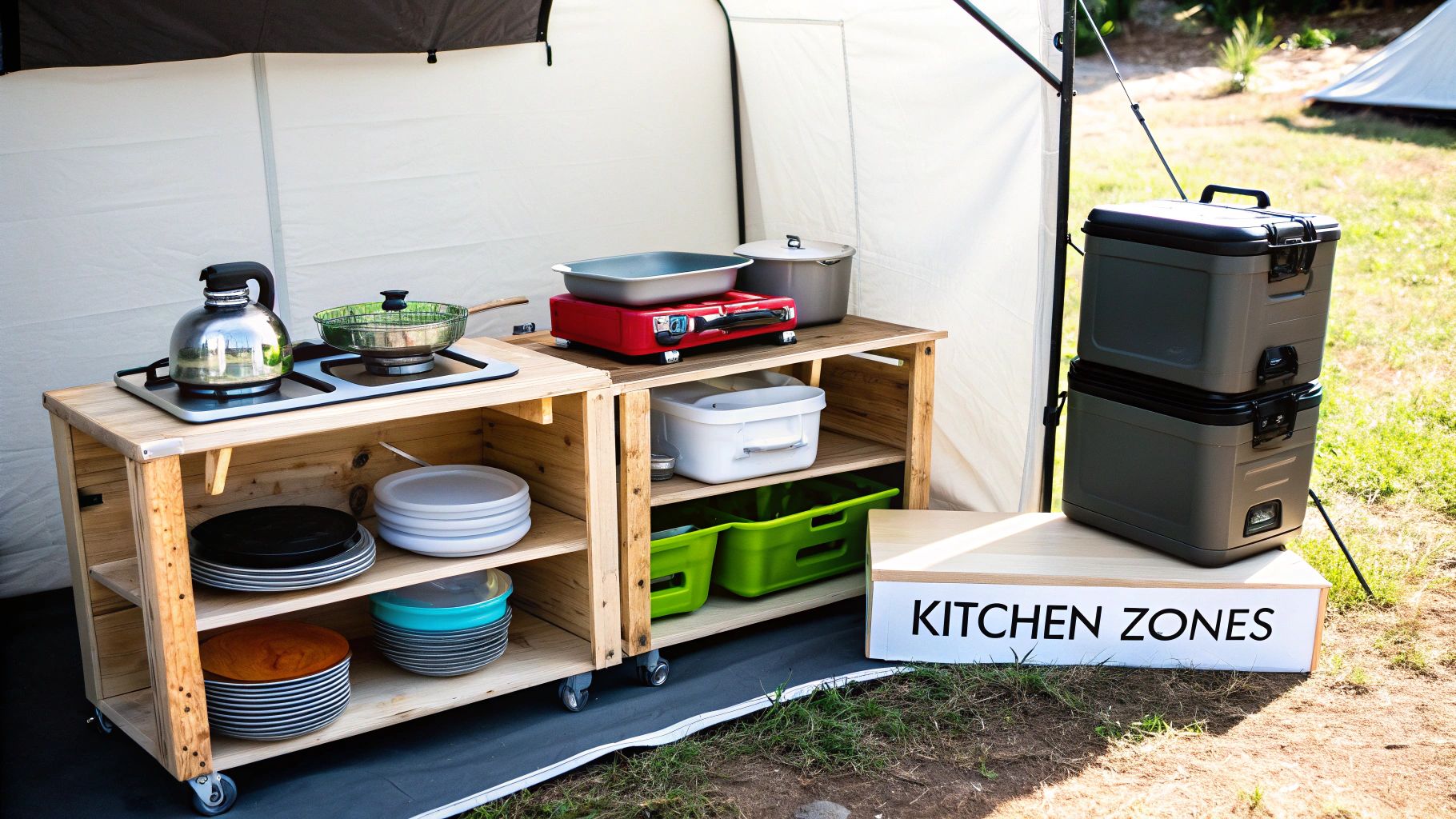 A well-organized portable camping kitchen setup with cooking stoves, plates, and coolers.