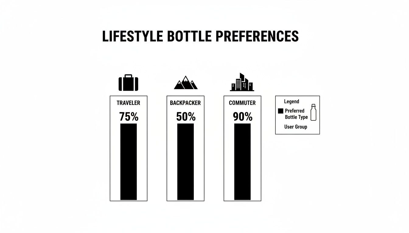 Bar chart showing bottle preferences for travelers (75%), backpackers (50%), and commuters (90%).