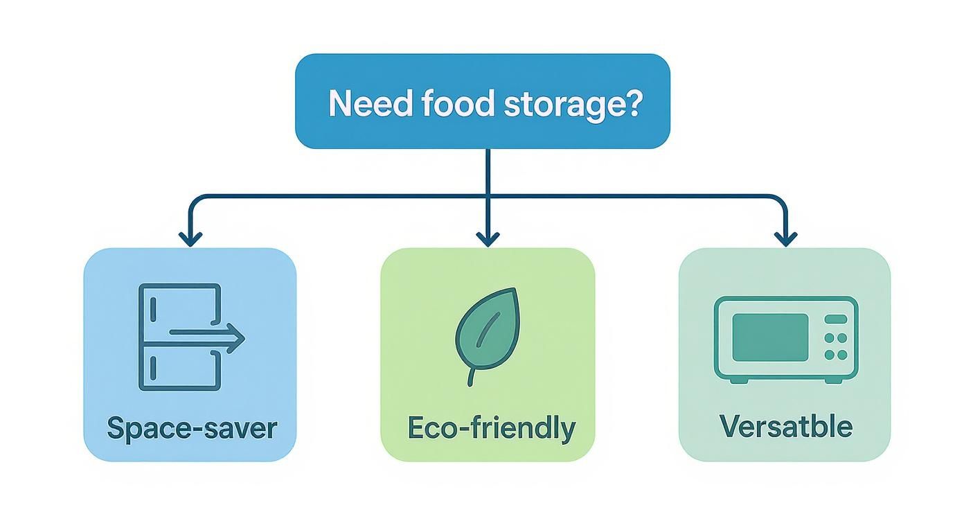 A flowchart depicting food storage options: space-saver, eco-friendly, and versatile features.