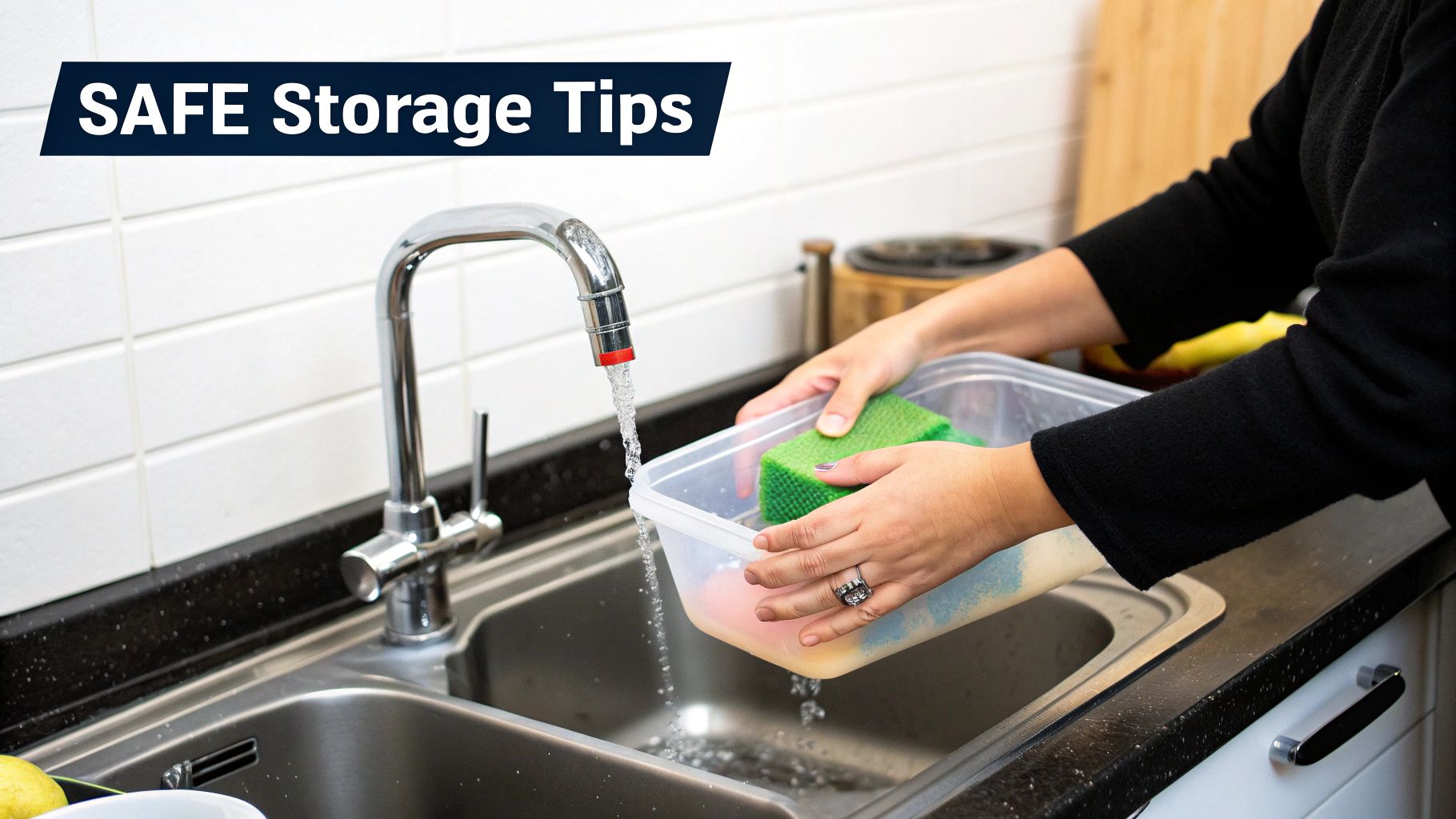A person rinses a clear plastic food container with a green sponge under a kitchen faucet.