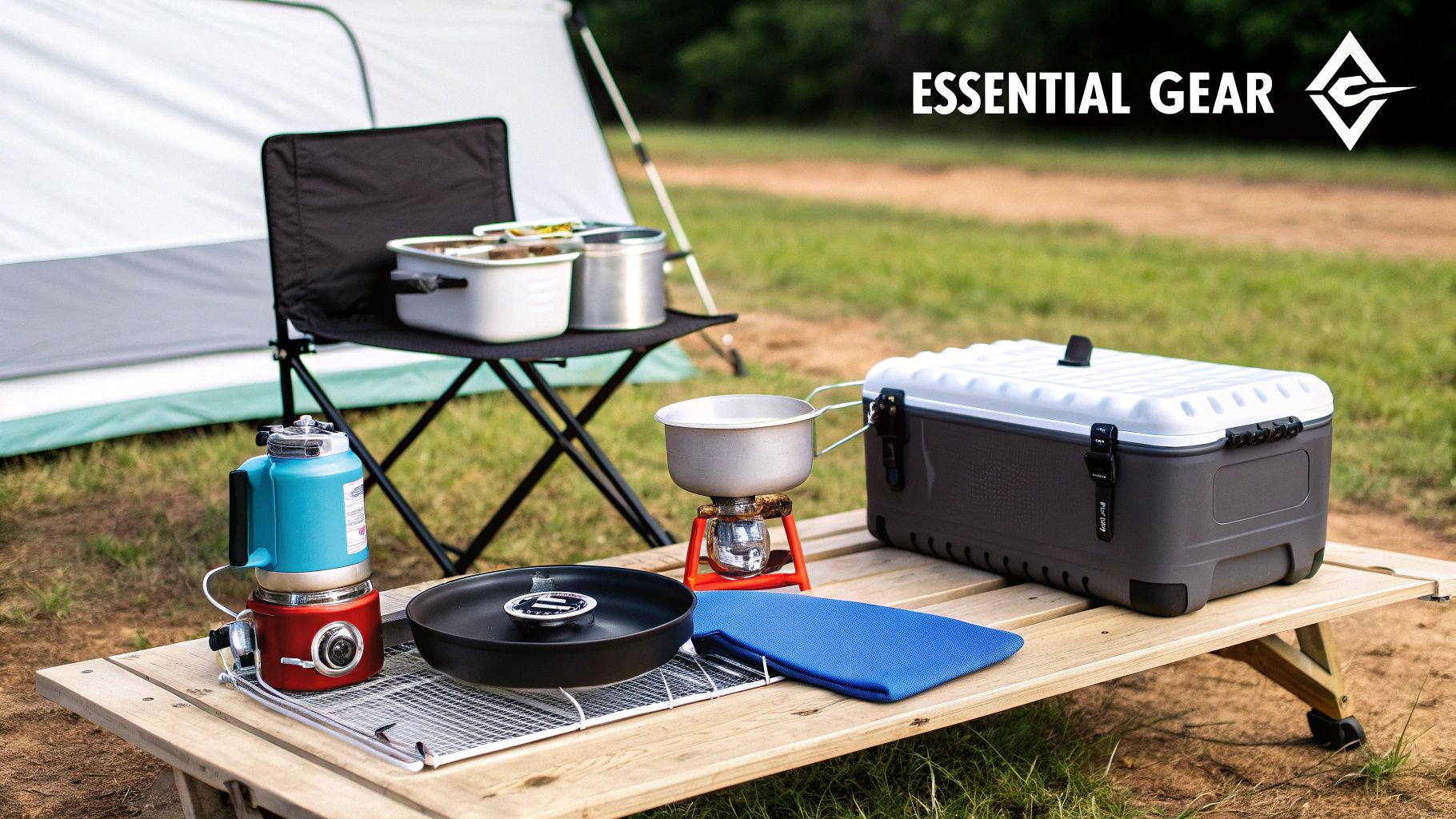 A complete camping kitchen setup with a cooler, stove, pot, and pan on a wooden table, next to a tent.