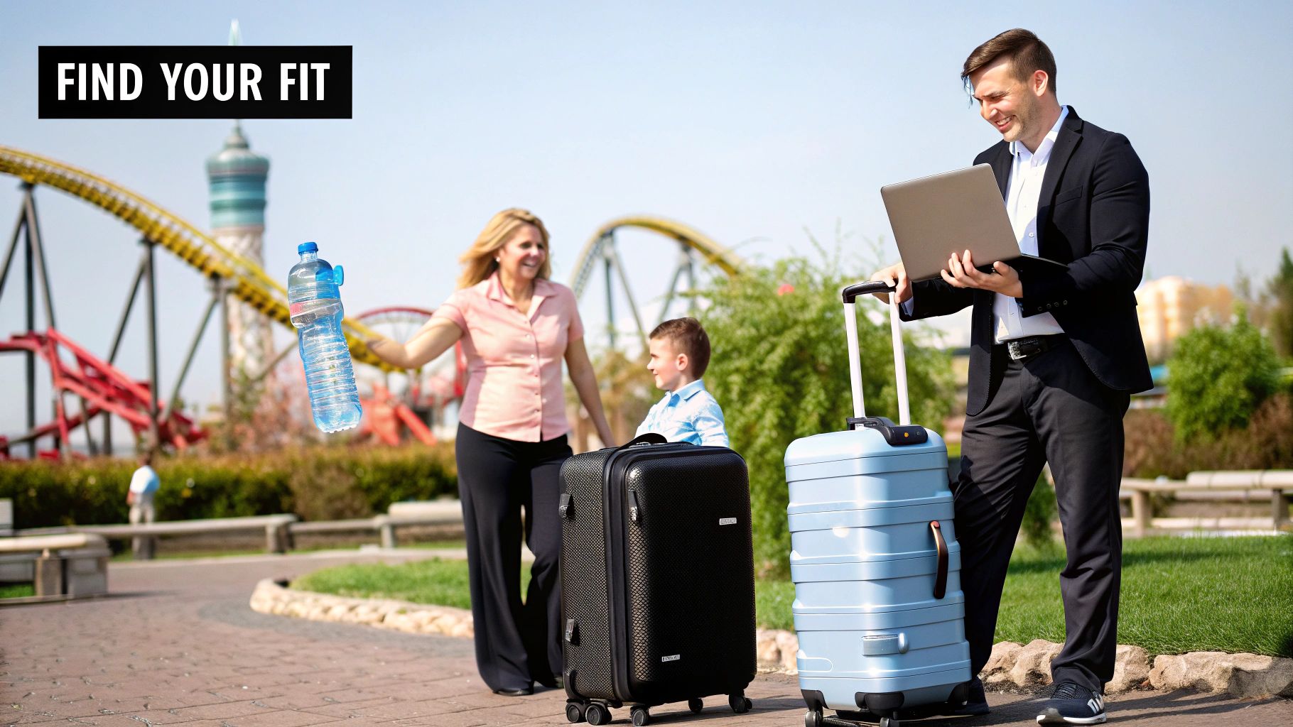 A person packing a collapsed, flat HYDAWAY bottle into a sleek, modern travel bag.