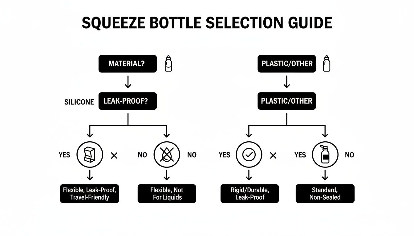 A selection guide flowchart helps choose squeeze bottles based on material and leak-proof characteristics.