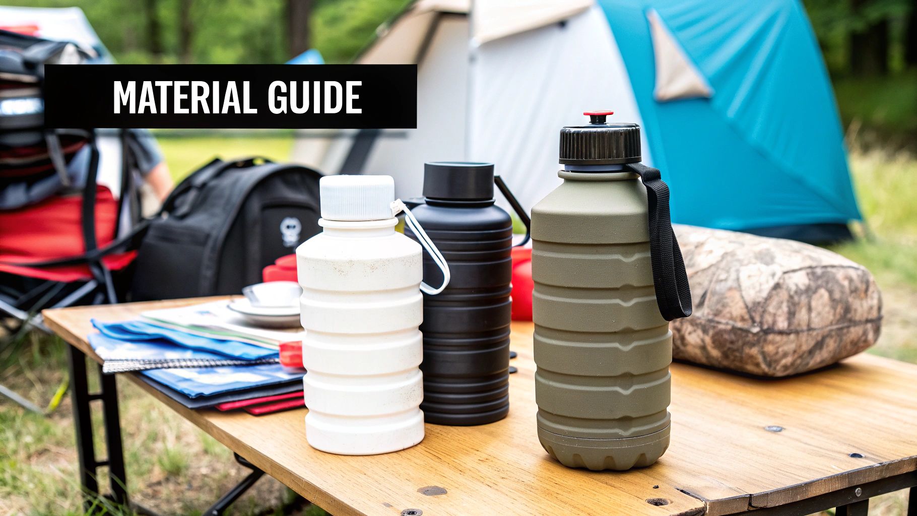 A collapsed water container being packed into a backpack