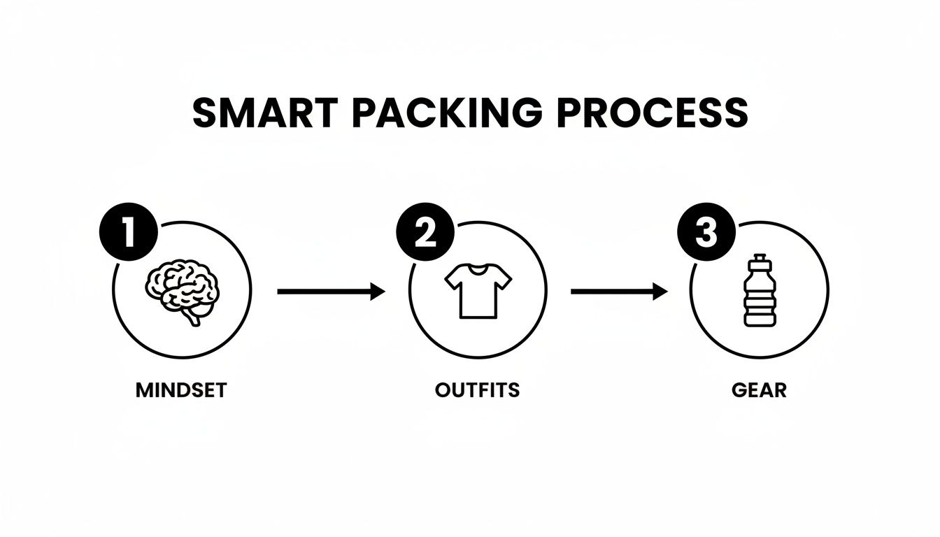 A diagram illustrating the Smart Packing Process with three sequential steps: Mindset, Outfits, and Gear.