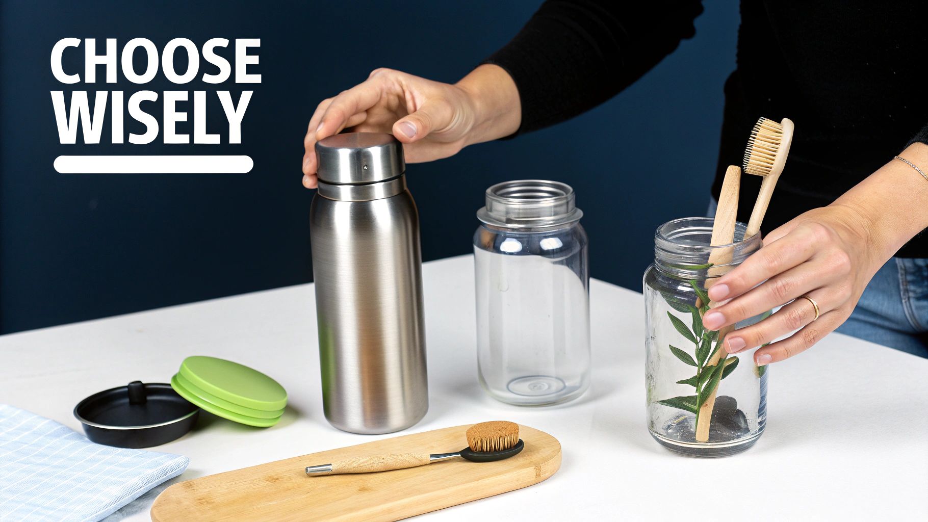 A variety of reusable items like bamboo toothbrushes and glass jars arranged on a surface.