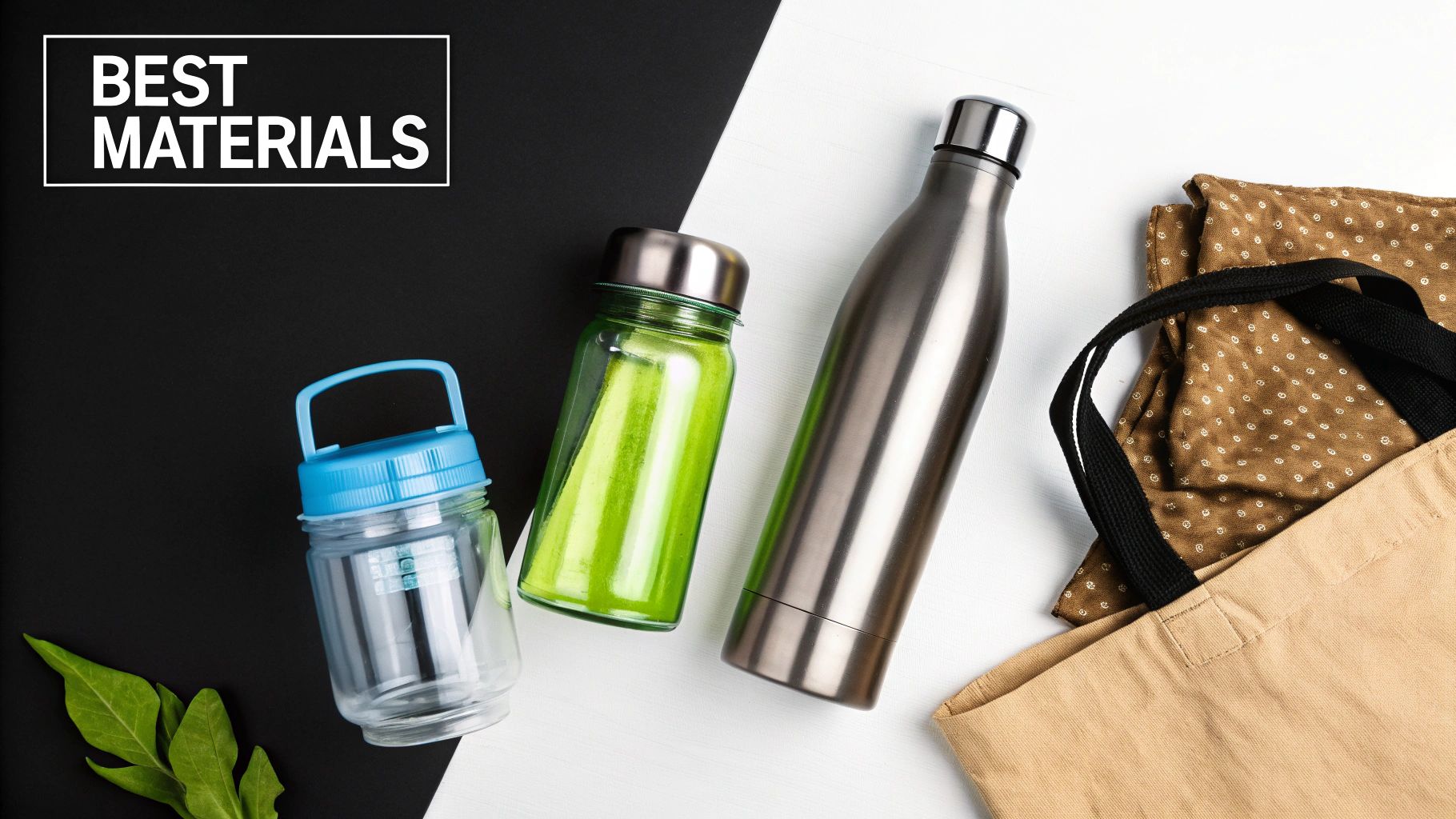 A collection of reusable products made from stainless steel, glass, silicone, and fabric arranged neatly on a wooden surface.