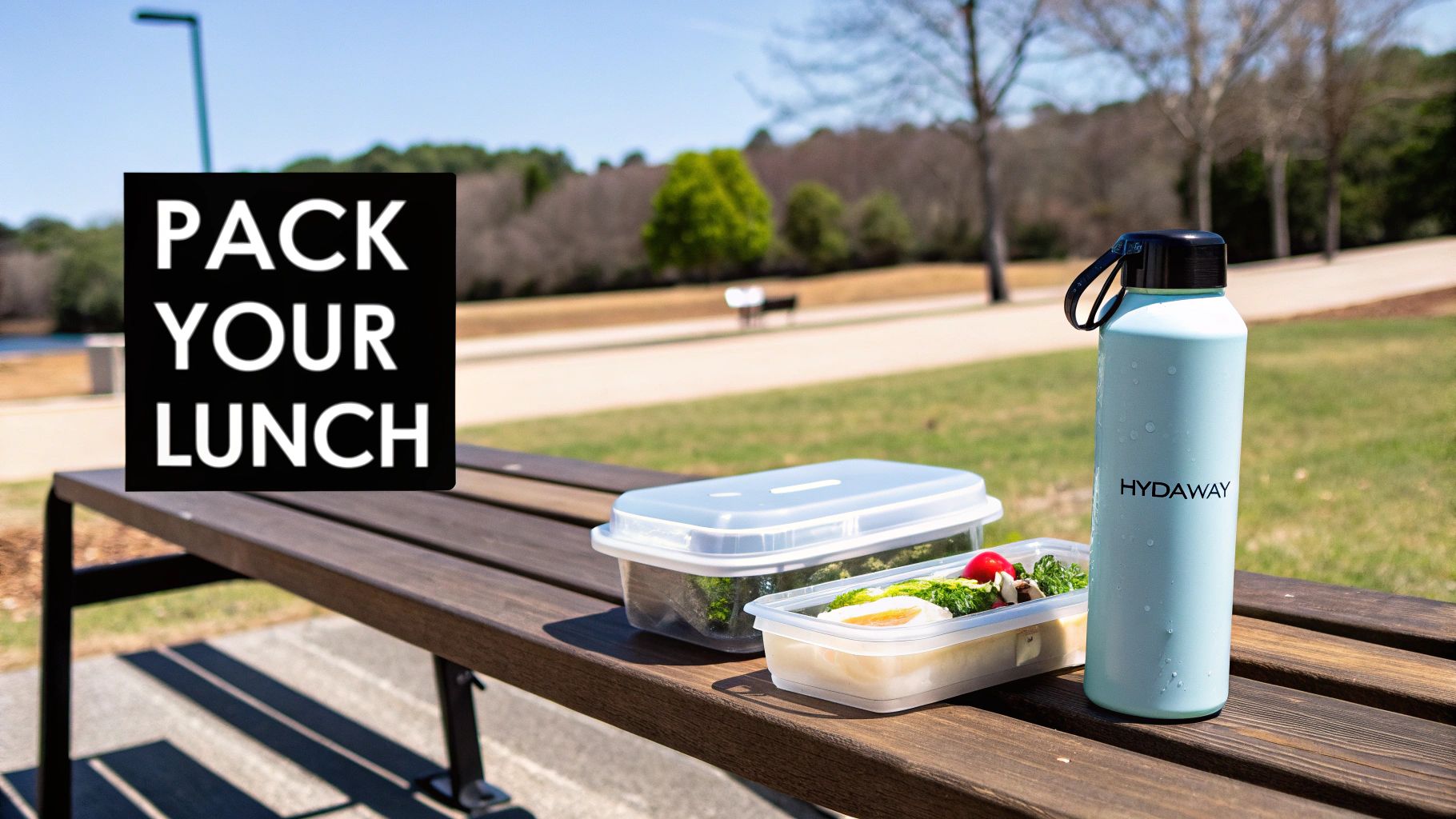 A 'PACK YOUR LUNCH' sign, a Hydaway water bottle, and healthy lunch containers on a park bench.