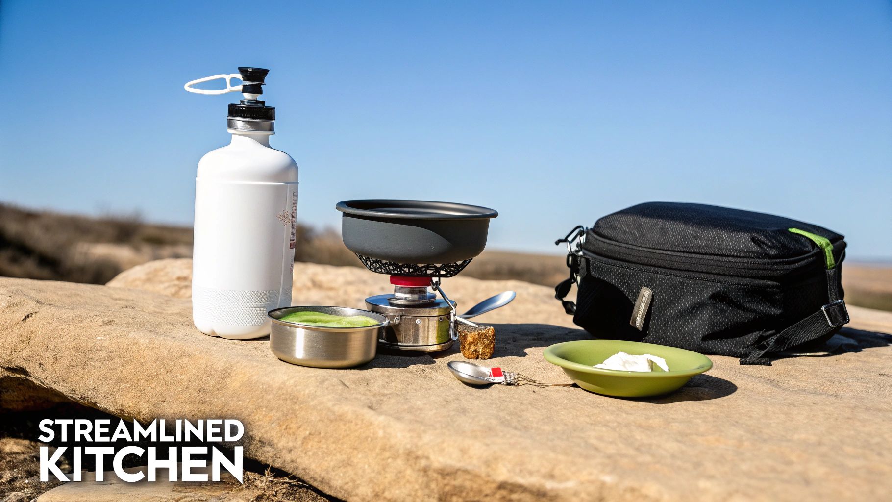 Streamlined backpacking kitchen gear: a stove, pot, water bottle, bowls, and bag on an outdoor rock.