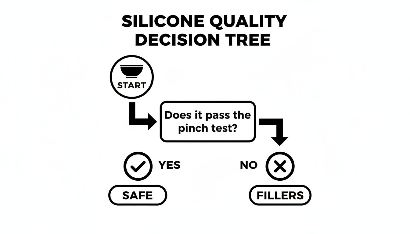 A silicone quality decision tree flowchart demonstrating the pinch test for safety and identifying fillers.