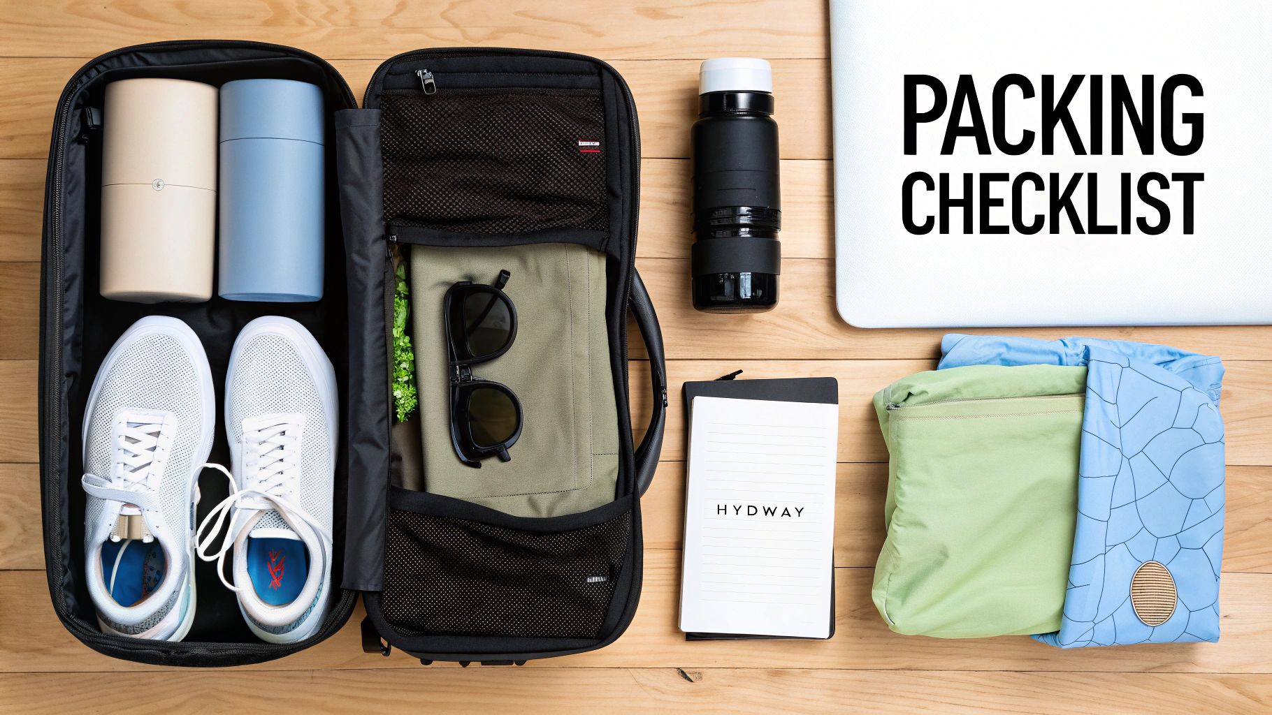 Overhead view of a neatly packed backpack with shoes, bottles, clothes, and accessories for travel.