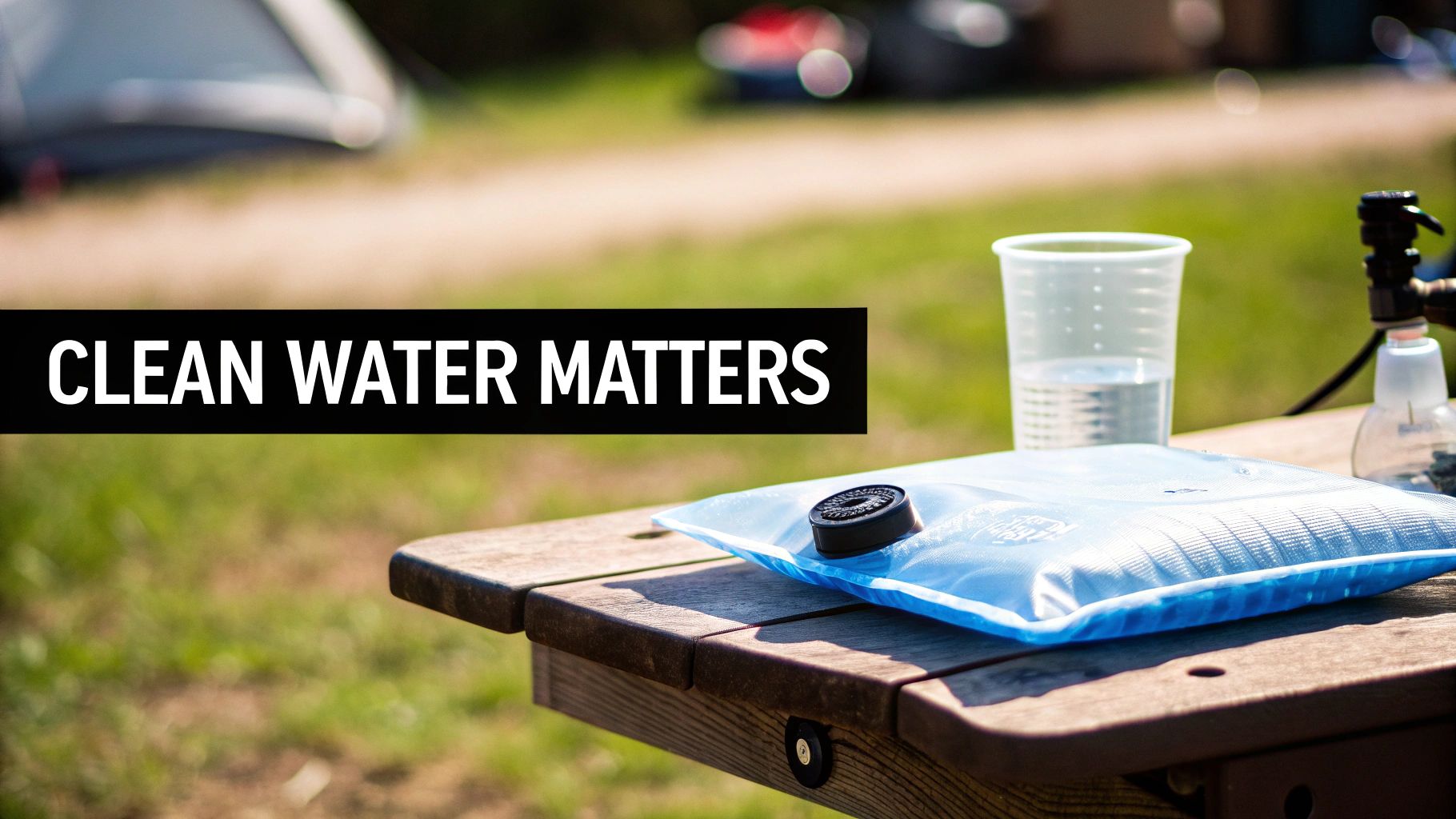 A blue water filter bag and a cup of clean water on a wooden table. Text: CLEAN WATER MATTERS.