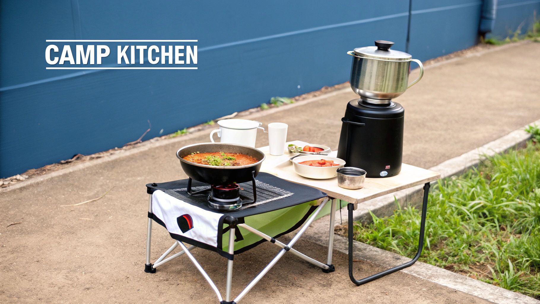 A vibrant outdoor camp kitchen setup with a portable stove, cooking pot, serving dishes, and a thermal container.