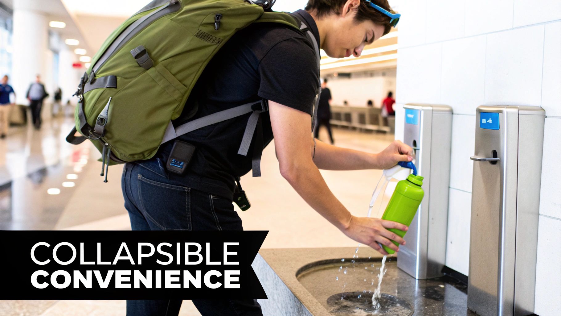 A hand holding a blue, collapsed HYDAWAY water bottle in front of a scenic mountain and lake background.