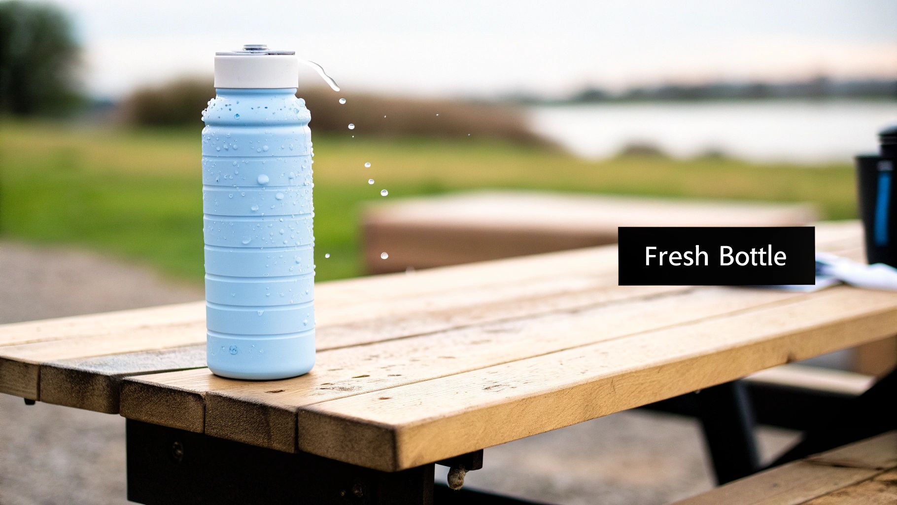 A light blue collapsible water bottle covered in water droplets sits on a wooden picnic table outdoors, with water spilling.