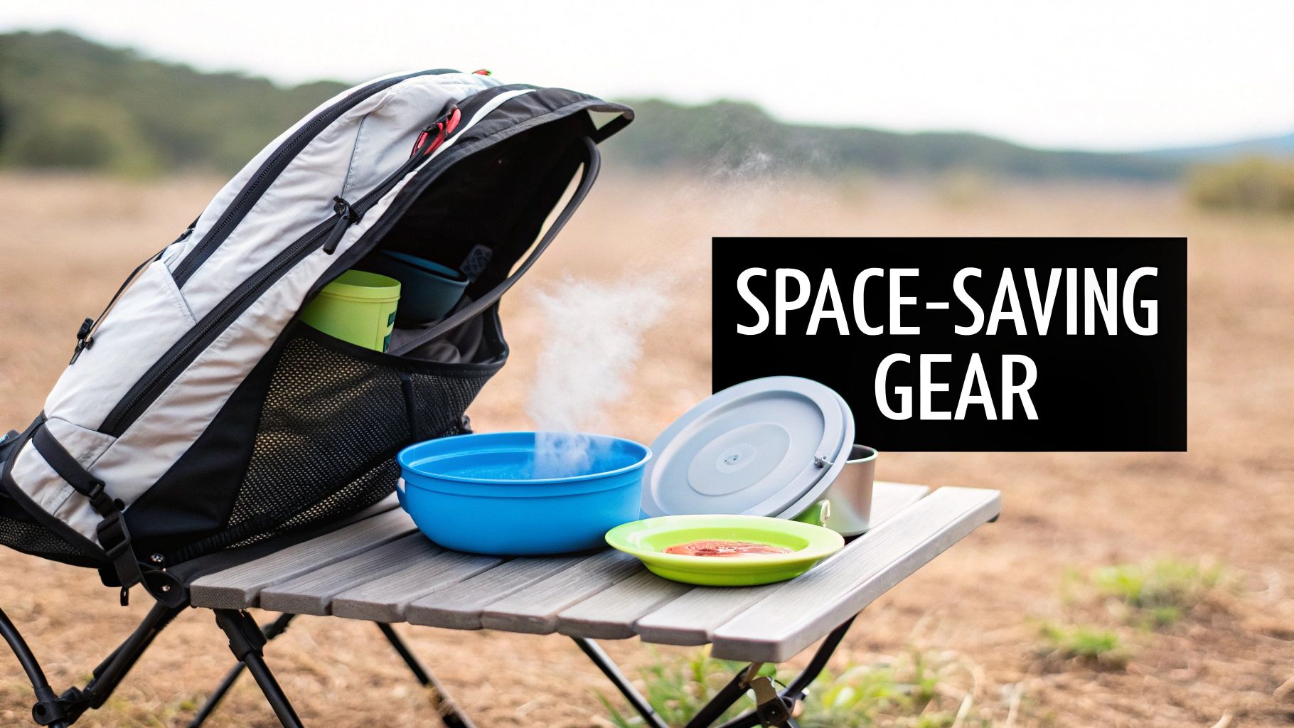 Space-saving collapsible camping bowls and cookware on a portable table next to a backpack outdoors.