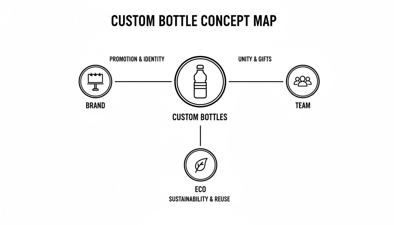 A concept map showing custom bottles connected to brand promotion, team unity, and eco sustainability.