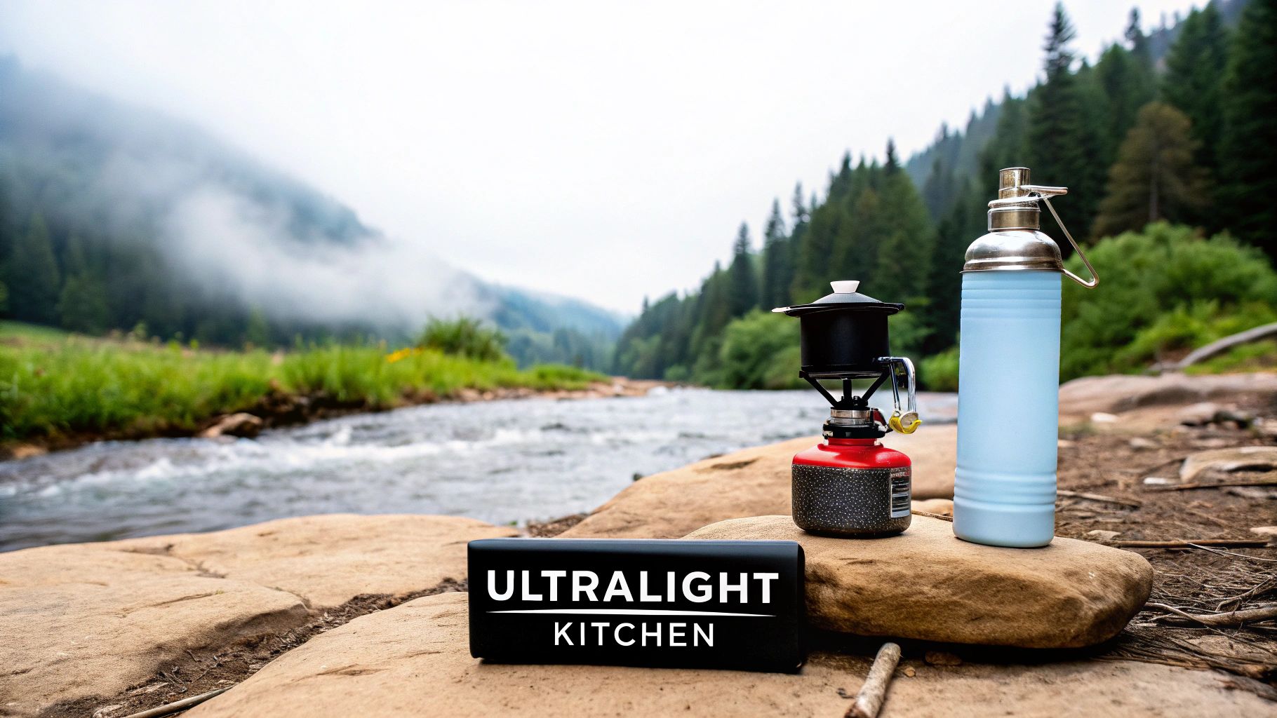 A person filtering water with an ultralight setup by a stream
