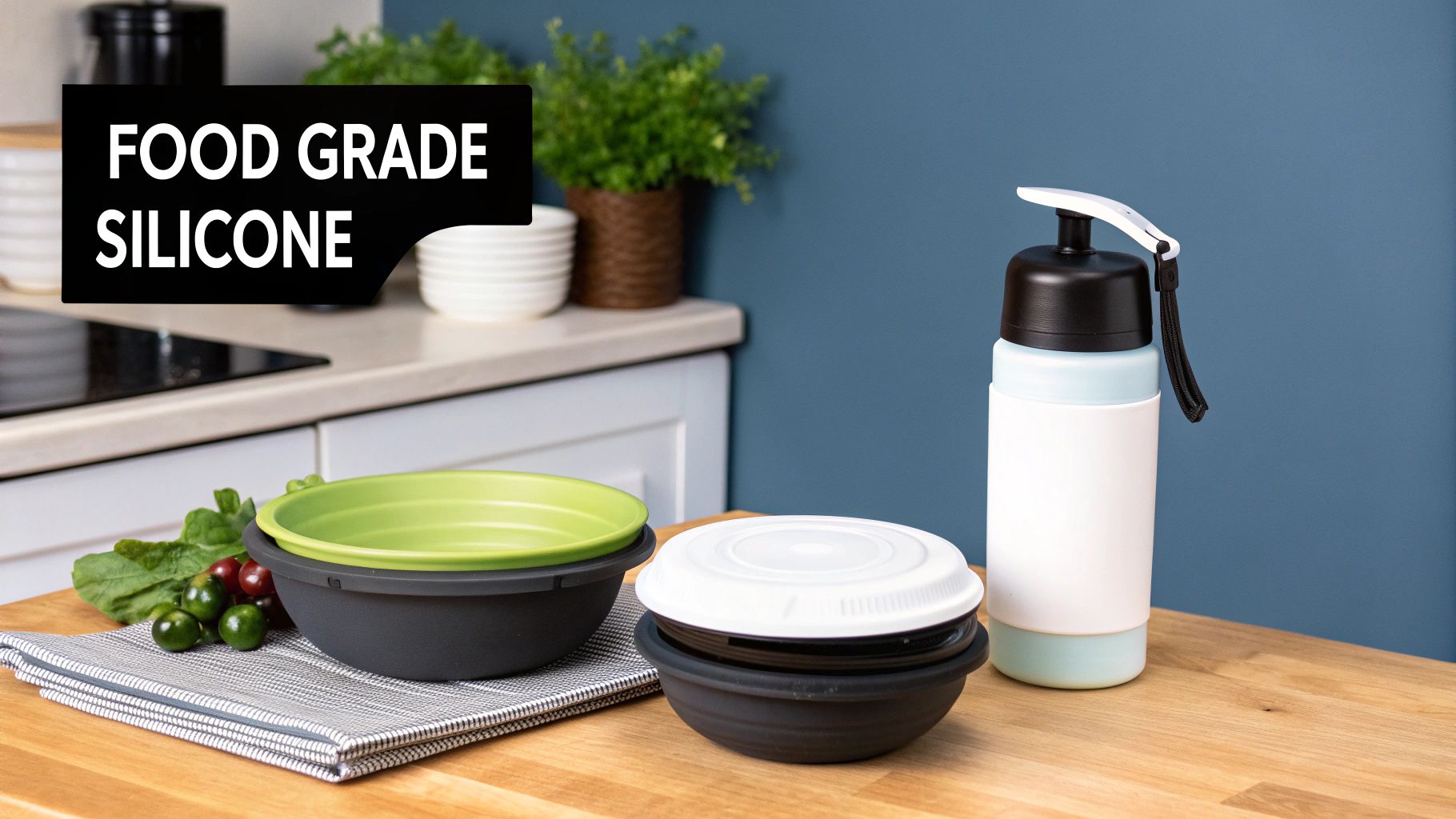 Collapsible food storage bowls and a water bottle made of food-grade silicone on a kitchen counter.