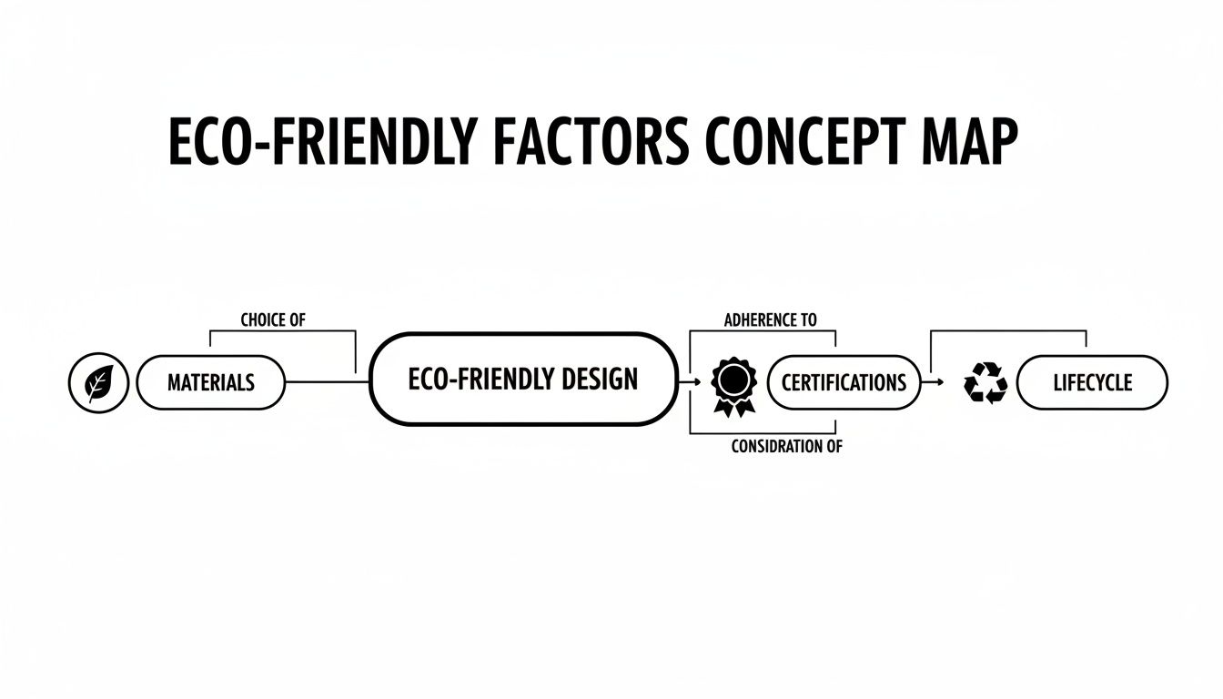Concept map illustrating eco-friendly factors from materials and design to certifications and lifecycle.