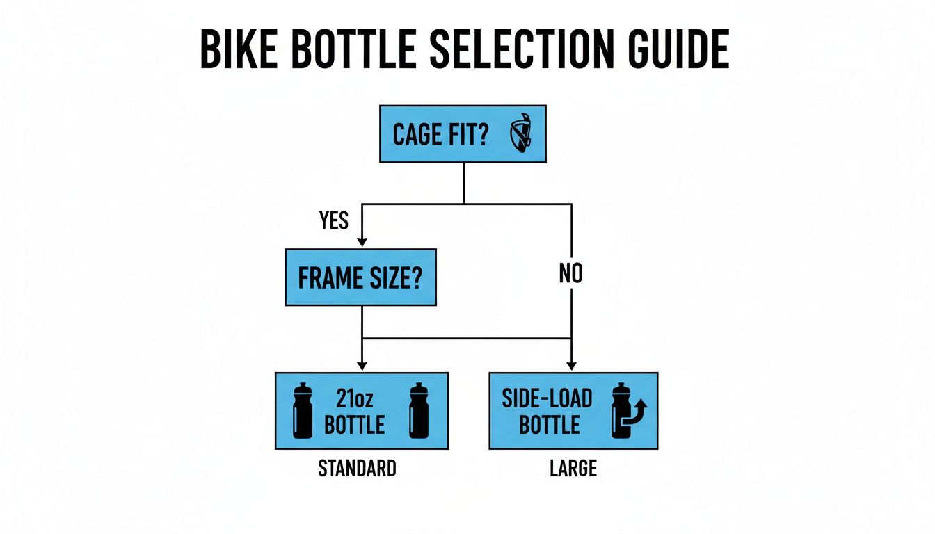 Flowchart guiding bike bottle selection based on cage fit and frame size for standard or side-load bottles.