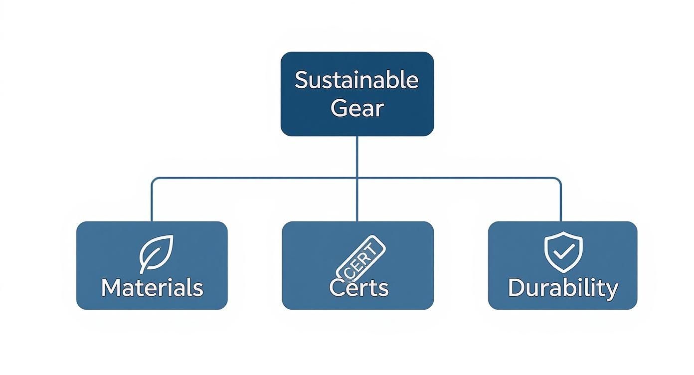Flowchart illustrating Sustainable Gear components: Materials, Certs, and Durability, with relevant icons.
