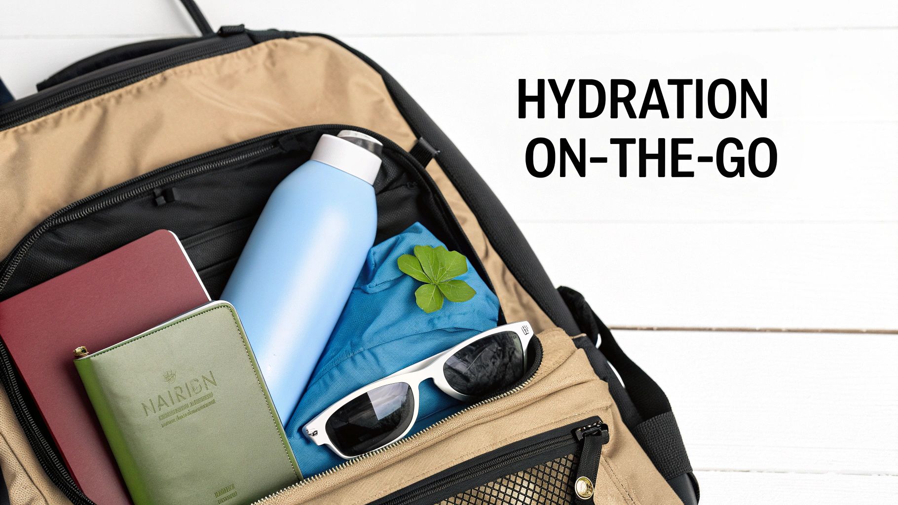 An open backpack containing a blue water bottle, notebooks, sunglasses, and a green leaf.