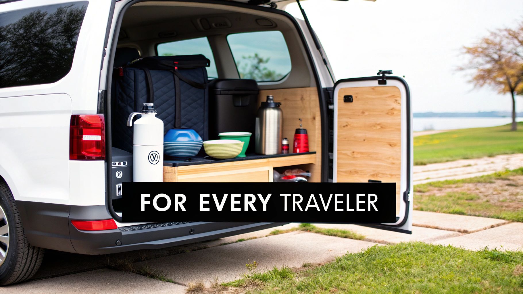 The open tailgate of a white van reveals a wooden kitchenette with camping supplies, bowls, and bottles, set near a lake.