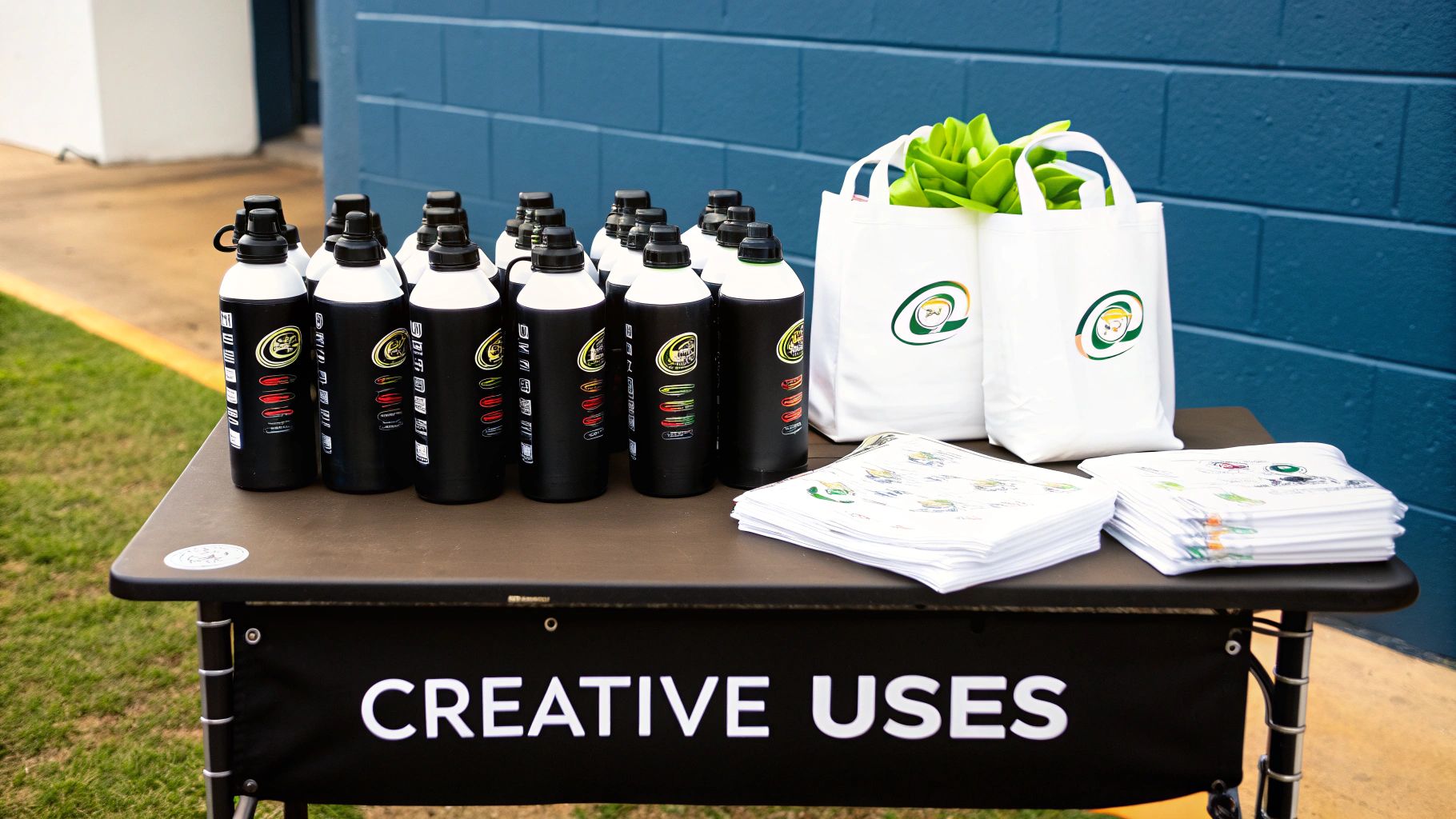 A table displays black custom sports water bottles, white logo tote bags, and promotional papers.