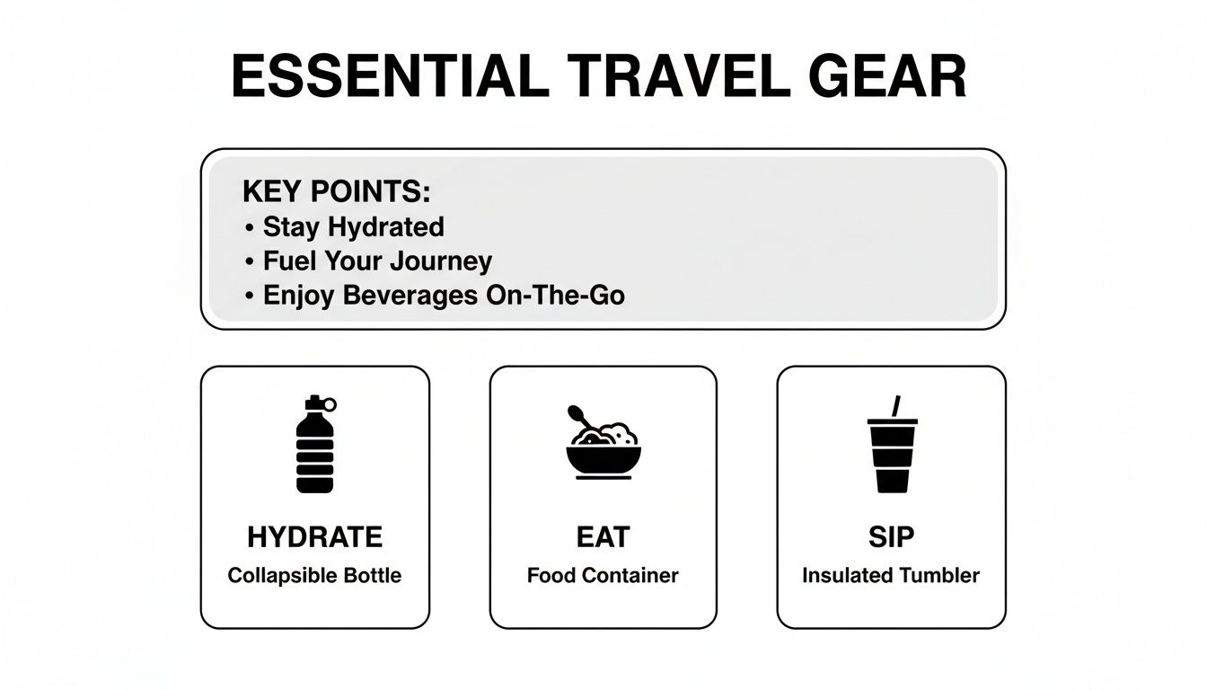 An image titled 'Essential Travel Gear' highlighting key points: stay hydrated, fuel your journey, and enjoy beverages on-the-go. It showcases a collapsible bottle for hydrating, a food container for eating, and an insulated tumbler for sipping.