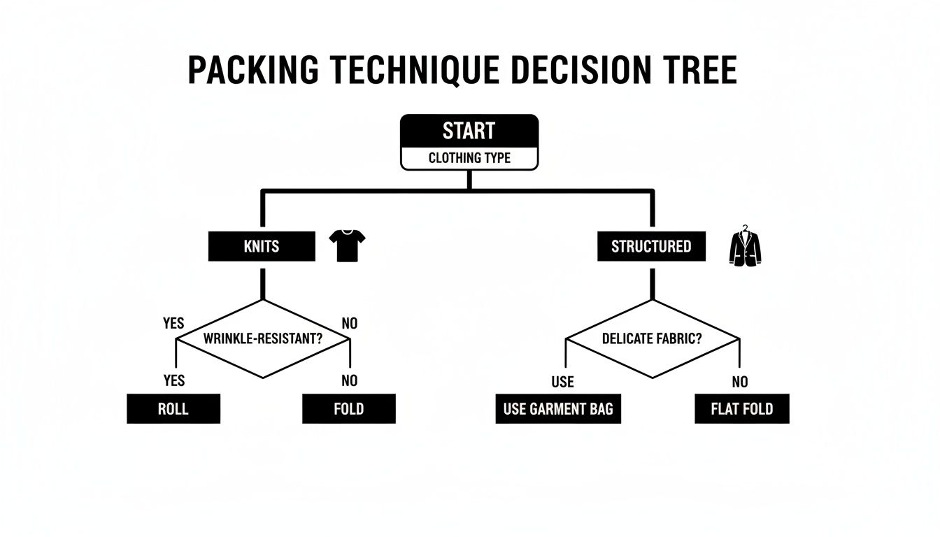 A packing technique decision tree flowchart showing how to pack knits and structured clothing.