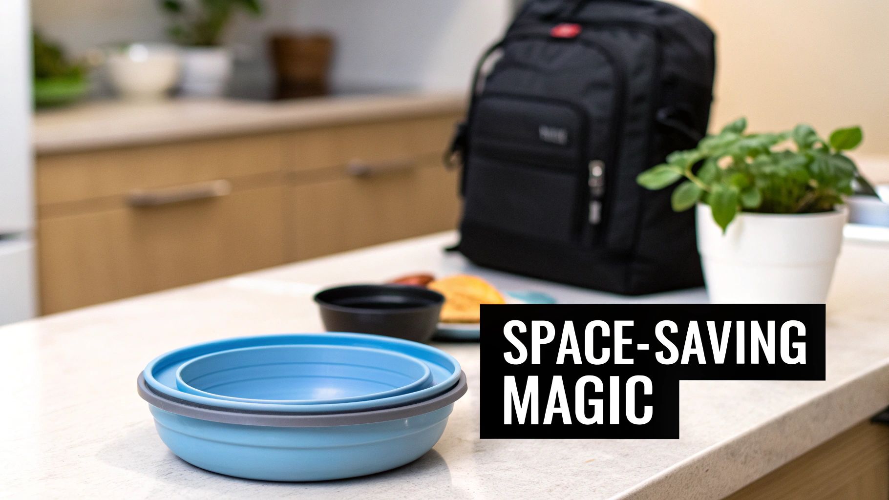 Close-up of two blue space-saving collapsible silicone bowls stacked on a light kitchen counter.