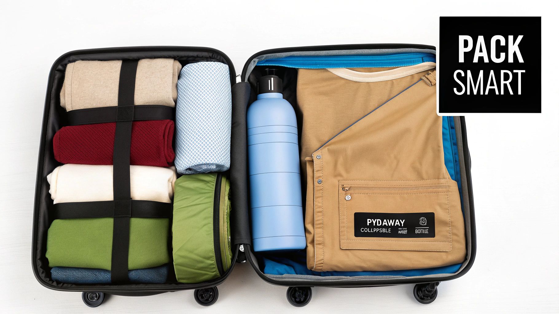 An open black suitcase with neatly folded clothes held by straps, a blue water bottle, and a packing cube.