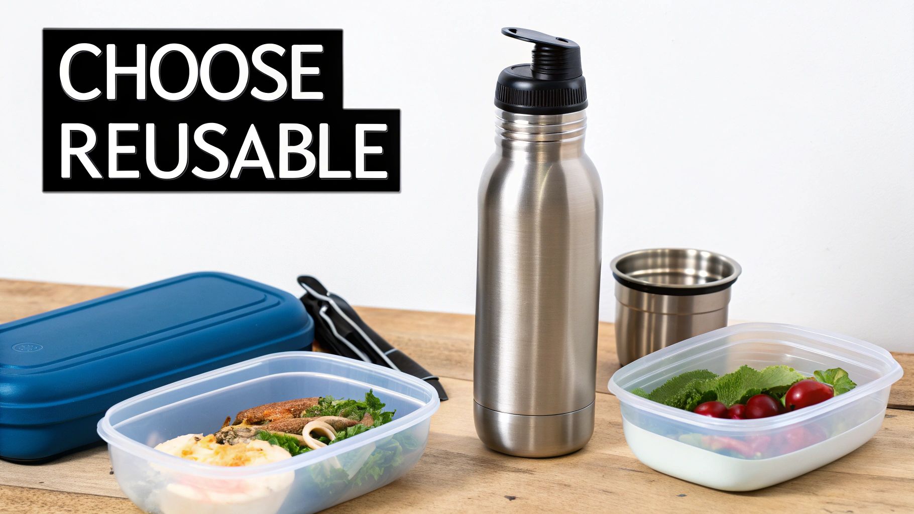 Reusable lunch containers, a water bottle, and a thermos on a wooden table with 'CHOOSE REUSABLE' text.
