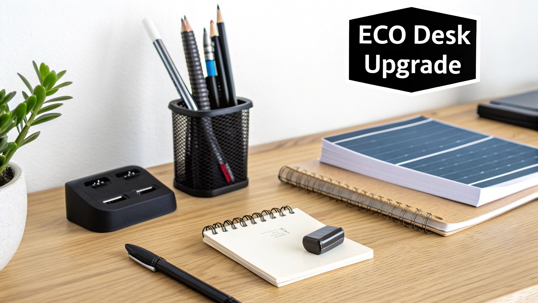 A wooden desk featuring eco-friendly office supplies, including a plant, stationery, and a solar-themed notebook.