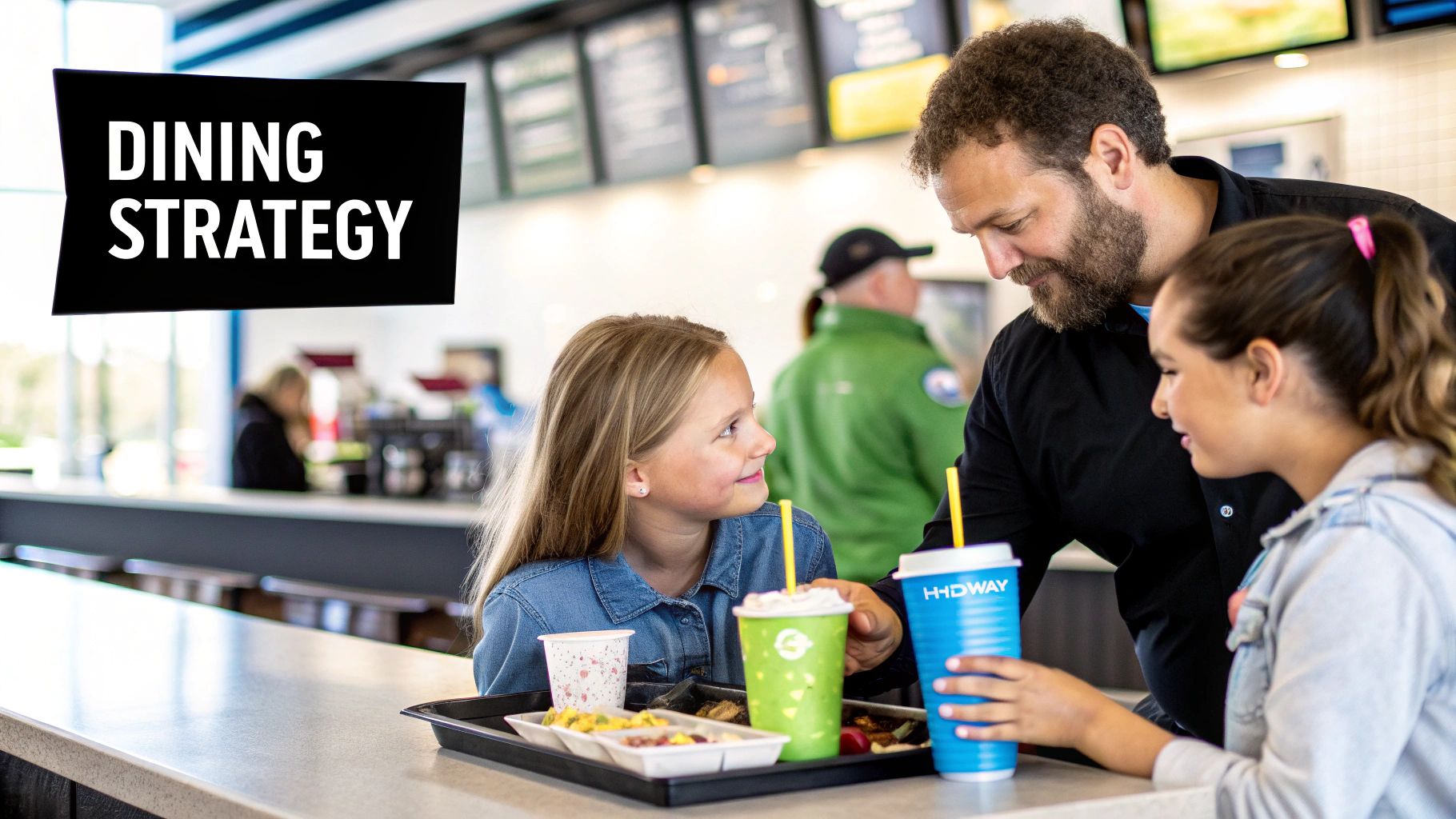 A man and two young girls with food trays and drinks at a dining counter, with a "Dining Strategy" sign.