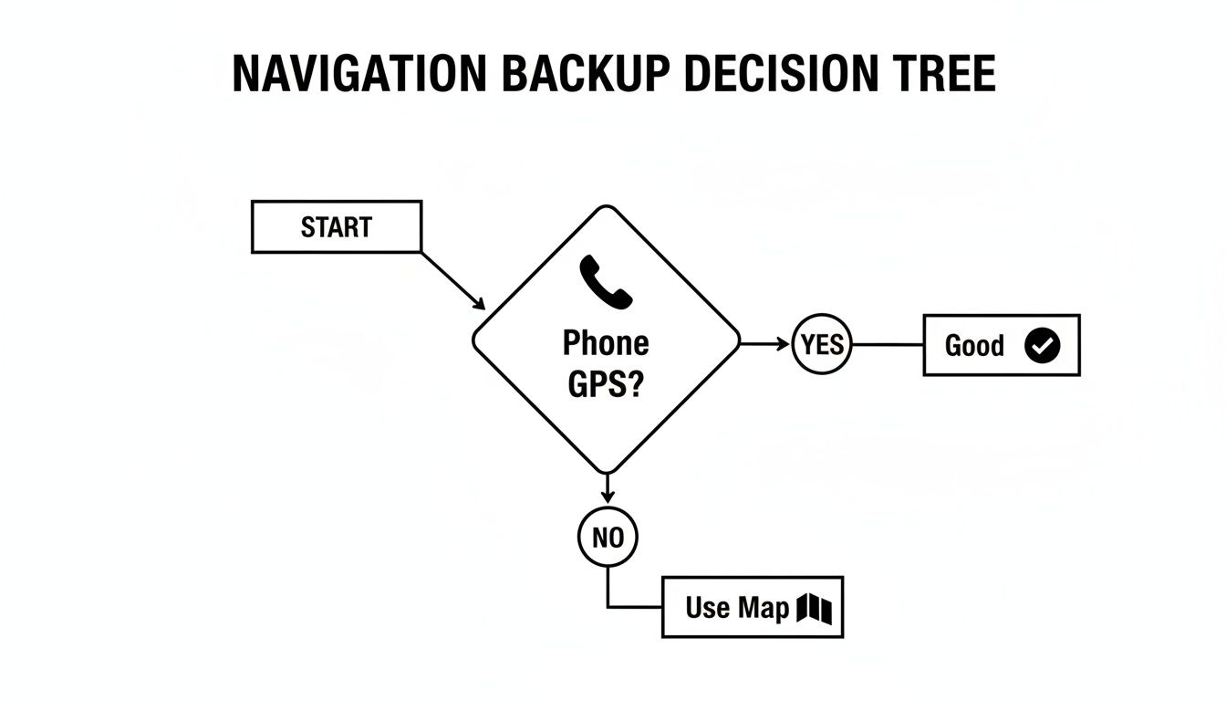 A decision tree illustrating navigation backup options: check Phone GPS, or use a physical map.